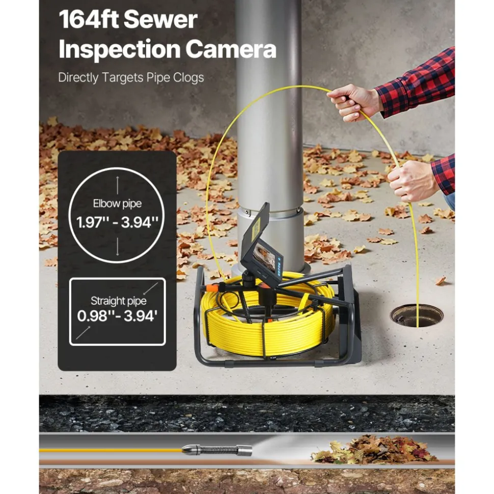 VEVOR Sewer Camera, 164FT 4.3" Screen, Pipeline Inspection Camera with DVR Function & Snake Cable, Waterproof IP68 Borescope with LED Lights, Industrial Endoscope for Home Wall Duct Drain Pipe Plumbin