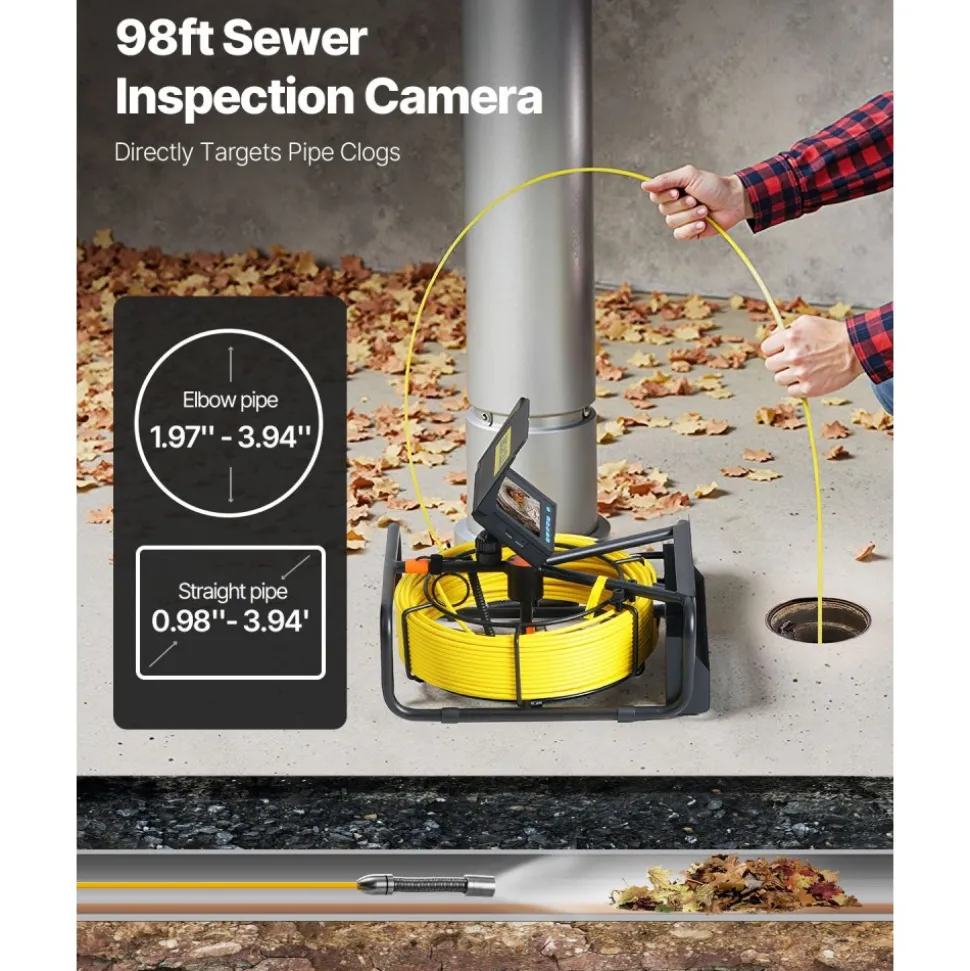 VEVOR Sewer Camera 30M Cable Pipeline Inspection Camera 11cm TFT LCD Monitor Pipe Camera Screen Waterproof IP68 Duct Inspection Camera with 6PCS LEDs 8500MAH Lithium Battery, DVR Function, 30M