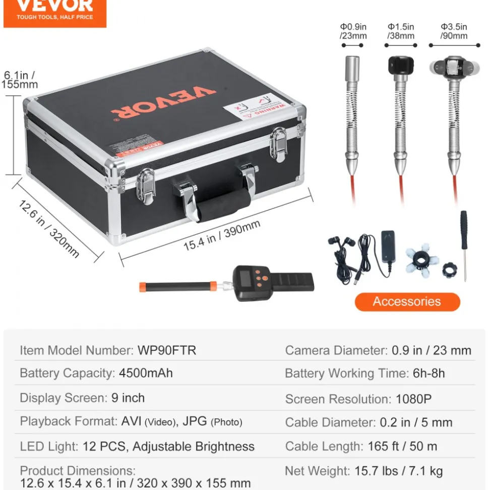 VEVOR Sewer Camera with 512Hz Locator, 165 ft/50 m, 9" Drain Inspection Camera with Self-Leveling, 36X Zoom, Plumbing Camera with Lights-12 LED, 32GB Card, IP68 Waterproof Snake Camera for Duct Pipe