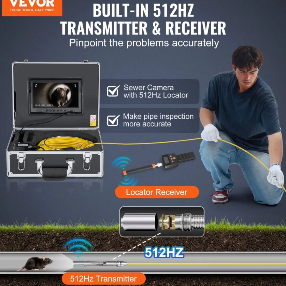 VEVOR Sewer Camera with 512Hz Locator, 165 ft/50 m, 9" Drain Inspection Camera with Self-Leveling, 36X Zoom, Plumbing Camera with Lights-12 LED, 32GB Card, IP68 Waterproof Snake Camera for Duct Pipe