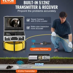 VEVOR Sewer Camera with 512Hz Locator, 98 ft/30 m, Self-Leveling Drain Inspection Camera with  9" 1080P HD Screen, 36X Zoom, Snake Plumbing Camera with Lights-12 LED, 32GB SD Card for Duct Pipe