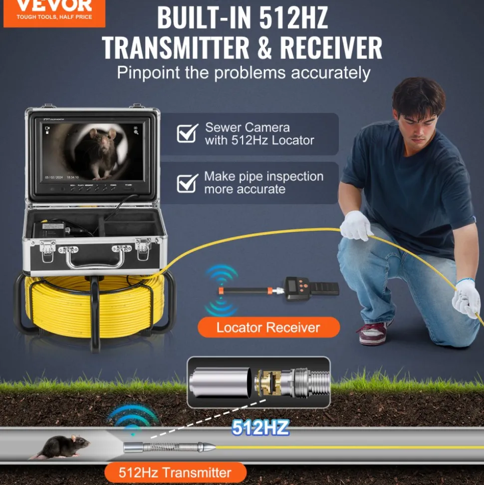VEVOR Sewer Camera with 512Hz Locator, 98 ft/30 m, Self-Leveling Drain Inspection Camera with 9" 1080P HD Screen, 36X Zoom, Snake Plumbing Camera with Lights-12 LED, 32GB SD Card for Duct Pipe