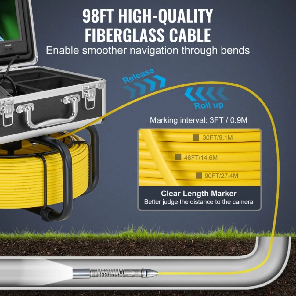 VEVOR Sewer Camera with 512Hz Locator, 98 ft/30 m, Self-Leveling Drain Inspection Camera with 9" 1080P HD Screen, 36X Zoom, Snake Plumbing Camera with Lights-12 LED, 32GB SD Card for Duct Pipe
