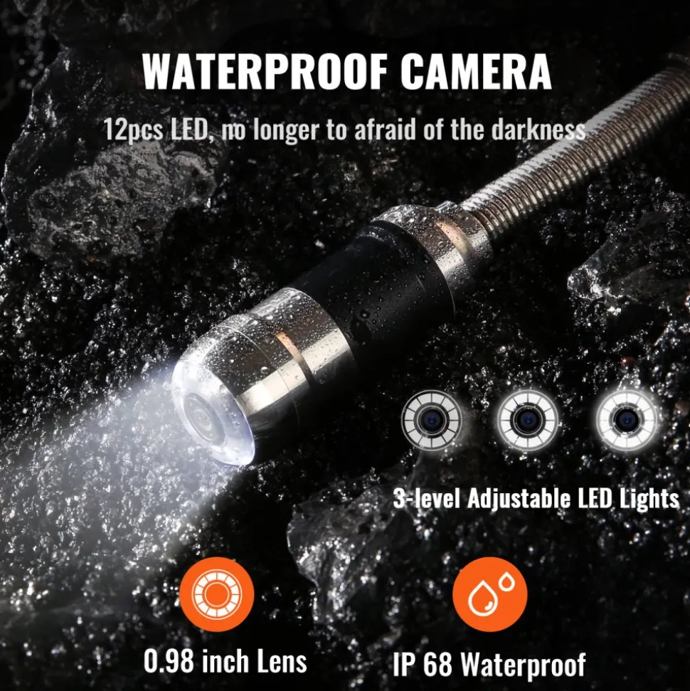 VEVOR Sewer Camera with 512Hz Locator,100 ft/30 m, 7" Pipeline Inspection Camera with DVR Function, IP68 Camera with 12 Adjustable LEDs, A 16 GB SD Card for Sewer Line, Home, Duct Drain Pipe Plumbing