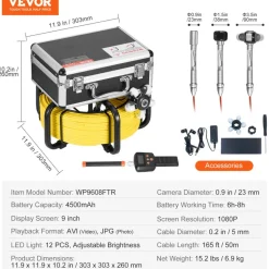 VEVOR Sewer Camera with 512Hz Locator,165 ft/50 m, Self-Leveling Drain Inspection Camera with  9