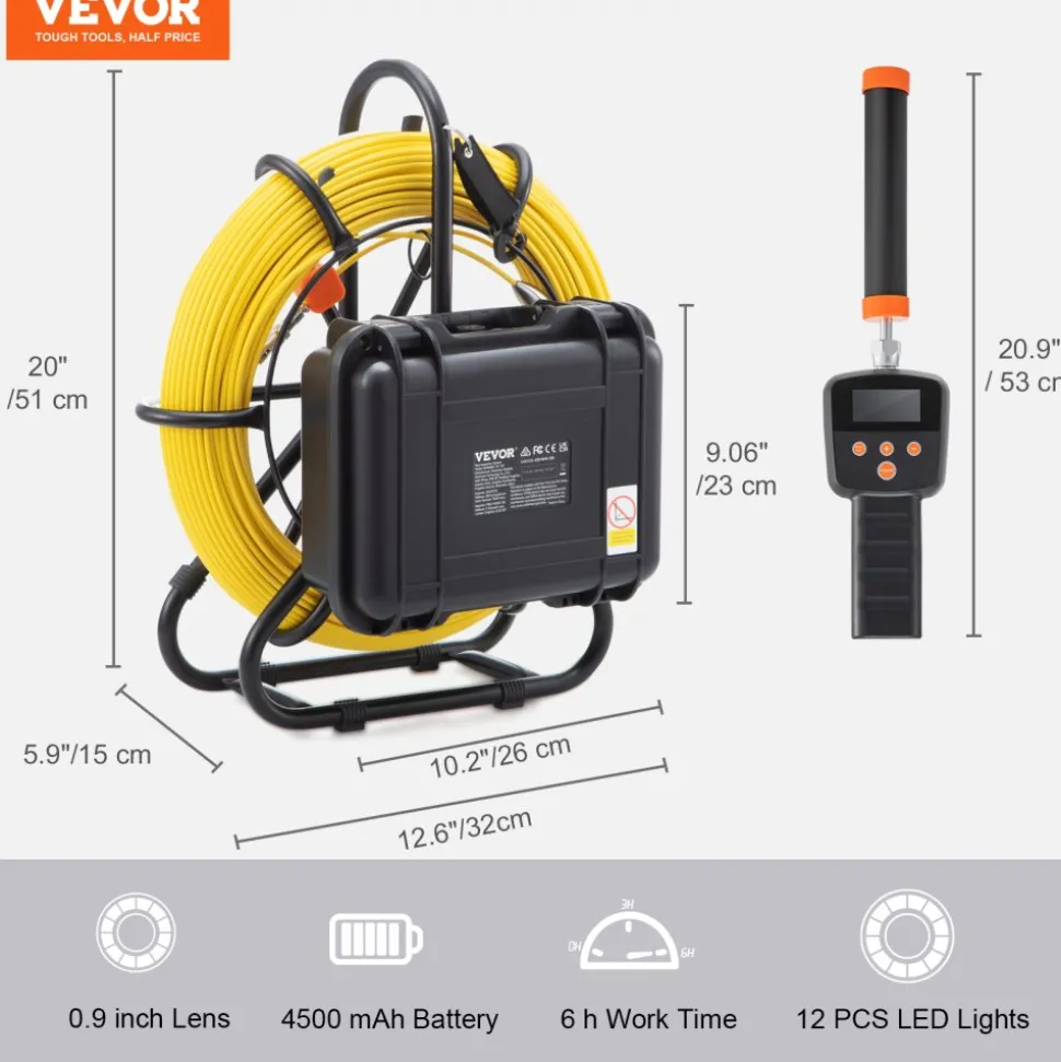 VEVOR Sewer Camera with 512Hz Locator,300 ft/91.5 m, 9" Pipeline Inspection Camera with DVR Function, IP68 Camera with 12 Adjustable LEDs, A 16 GB SD Card for Sewer Line, Home, Duct Drain Pipe Plumbin