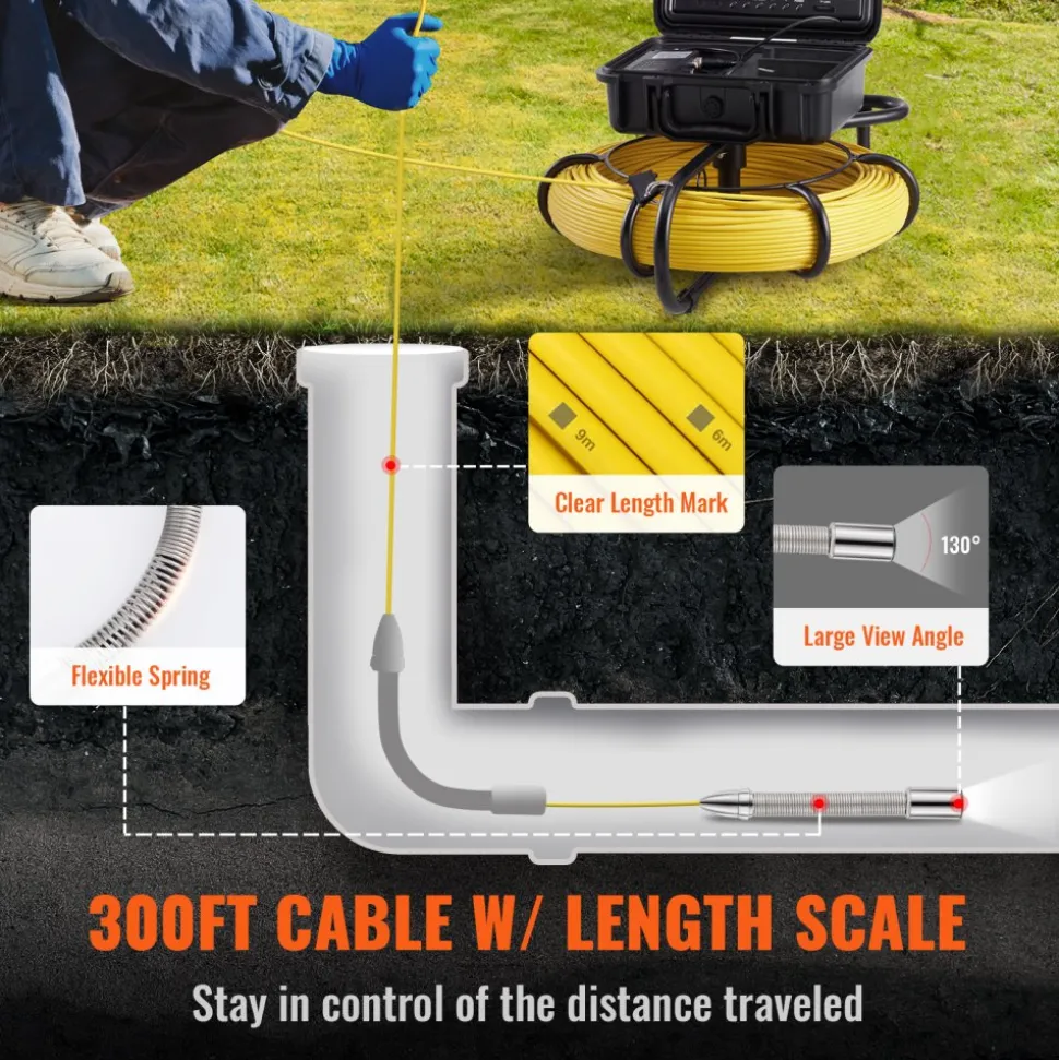 VEVOR Sewer Camera with 512Hz Locator,300 ft/91.5 m, 9" Pipeline Inspection Camera with DVR Function, IP68 Camera with 12 Adjustable LEDs, A 16 GB SD Card for Sewer Line, Home, Duct Drain Pipe Plumbin