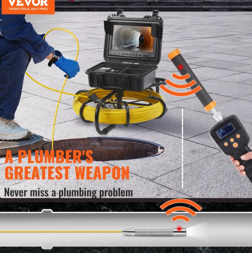VEVOR Sewer Camera with 512Hz Locator, 164 ft/50 m, 9" Pipeline Inspection Camera with DVR Function, IP68 Camera with 12 Adjustable LEDs, A 16 GB SD Card for Sewer Line, Home, Duct Drain Pipe Plumbing