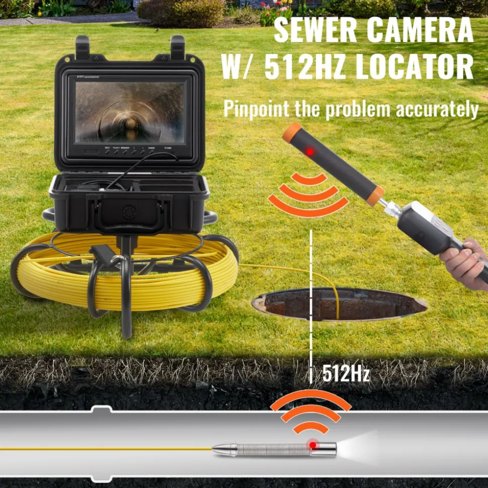 VEVOR Sewer Camera with 512Hz Locator, 164 ft/50 m, 9" Pipeline Inspection Camera with DVR Function, IP68 Camera with 12 Adjustable LEDs, A 16 GB SD Card for Sewer Line, Home, Duct Drain Pipe Plumbing