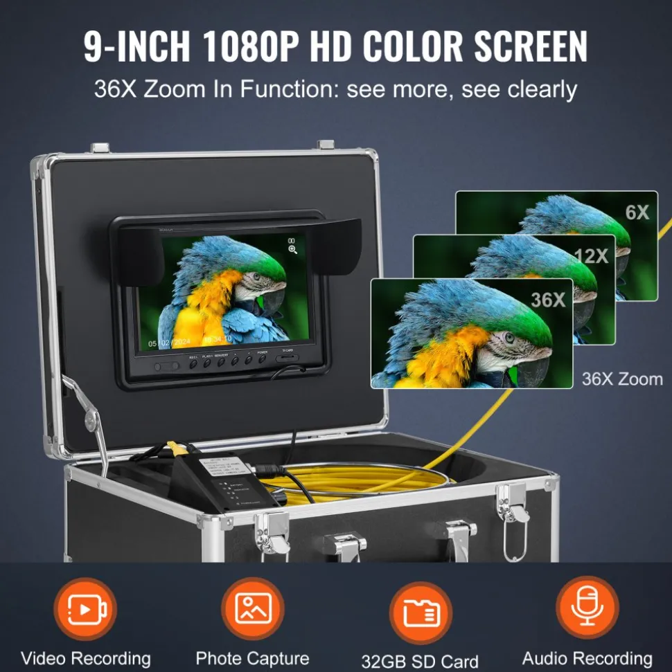 VEVOR Sewer Camera with 512Hz Locator, 98 ft/30 m, 9" Drain Inspection Camera with Self-Leveling, 36X Zoom, Plumbing Camera with Lights-12 LED, 32GB Card, IP68 Waterproof Snake Camera for Duct Pipe