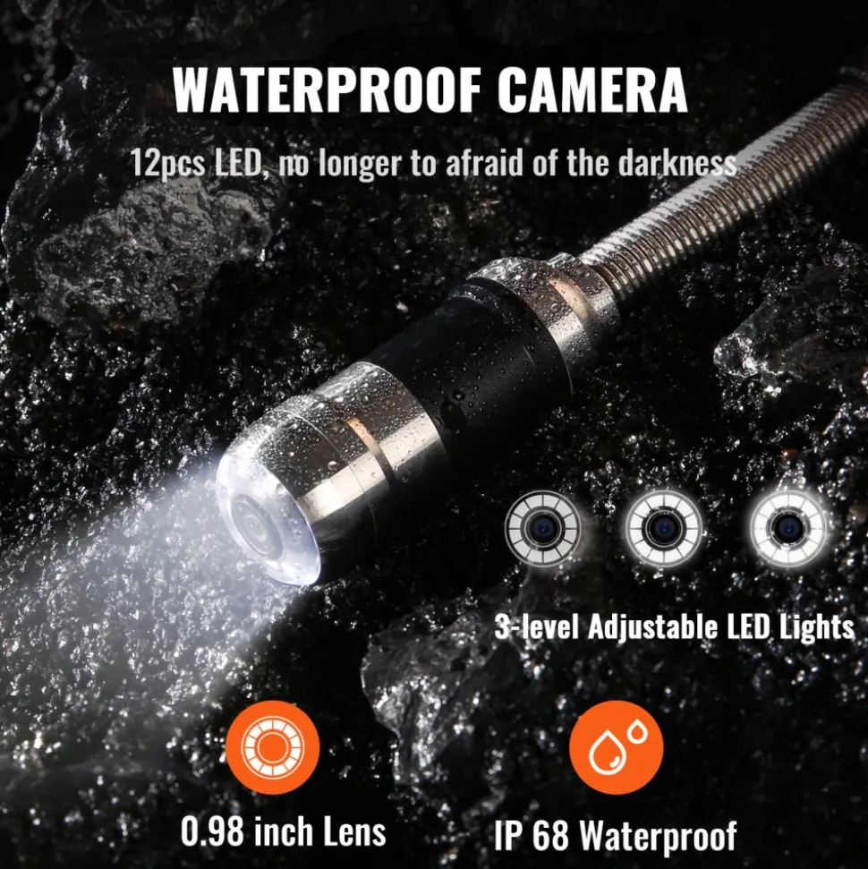 VEVOR Sewer Camera with 512Hz Locator, 131 ft/40 m, 7" Pipeline Inspection Camera with DVR Function, IP68 Camera with 12 Adjustable LEDs, A 16 GB SD Card for Sewer Line, Home, Duct Drain Pipe Plumbing