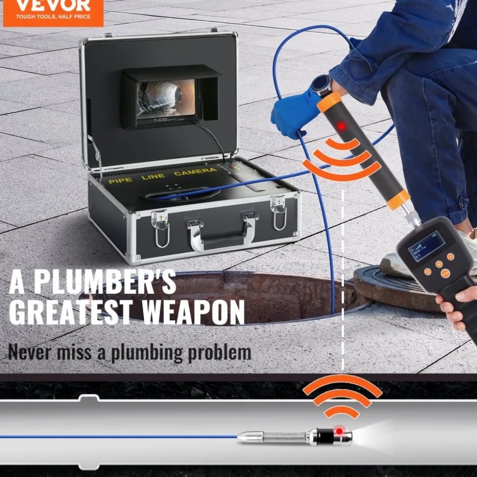 VEVOR Sewer Camera with 512Hz Locator, 131 ft/40 m, 7" Pipeline Inspection Camera with DVR Function, IP68 Camera with 12 Adjustable LEDs, A 16 GB SD Card for Sewer Line, Home, Duct Drain Pipe Plumbing