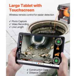 VEVOR Sewer Pipe Inspection Robot, 394FT Pipeline Detection Crawling Robot with 2MP Front/Rear Cameras & Touchscreen Tablet, IP68 Plumbing Camera with Lights & Distance Counter for Industrial Pipes