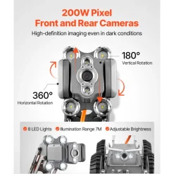 VEVOR Sewer Pipe Inspection Robot, 197FT Pipeline Detection Crawling Robot with 2MP Front/Rear Cameras & Touchscreen Tablet, IP68 Plumbing Camera with Lights & Distance Counter for Industrial Pipes