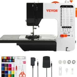 VEVOR Sewing Machine, Portable Sewing Machine for Beginners with 38 Built-in Stitches & Reverse Sewing, Dual Speed Sewing Machine with Extension Table Foot Pedal, Accessory Kit Family Home Travel