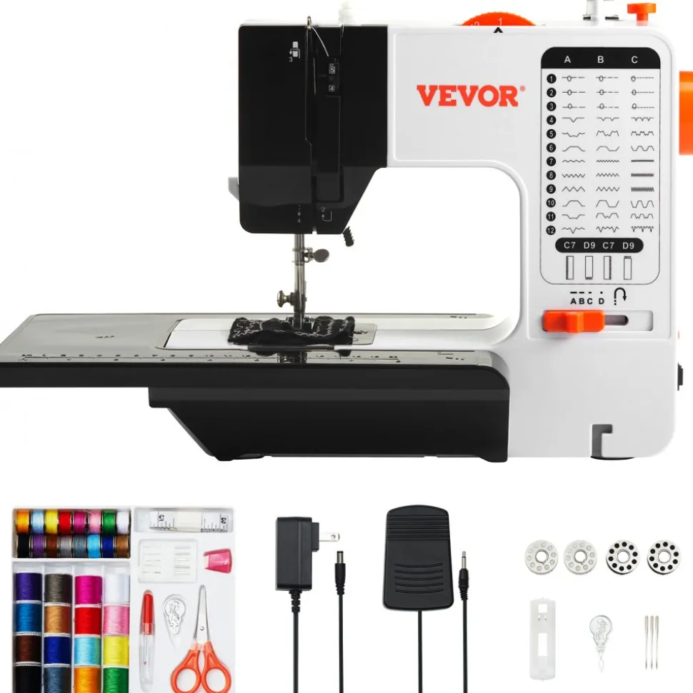 VEVOR Sewing Machine, Portable Sewing Machine for Beginners with 38 Built-in Stitches & Reverse Sewing, Dual Speed Sewing Machine with Extension Table Foot Pedal, Accessory Kit Family Home Travel