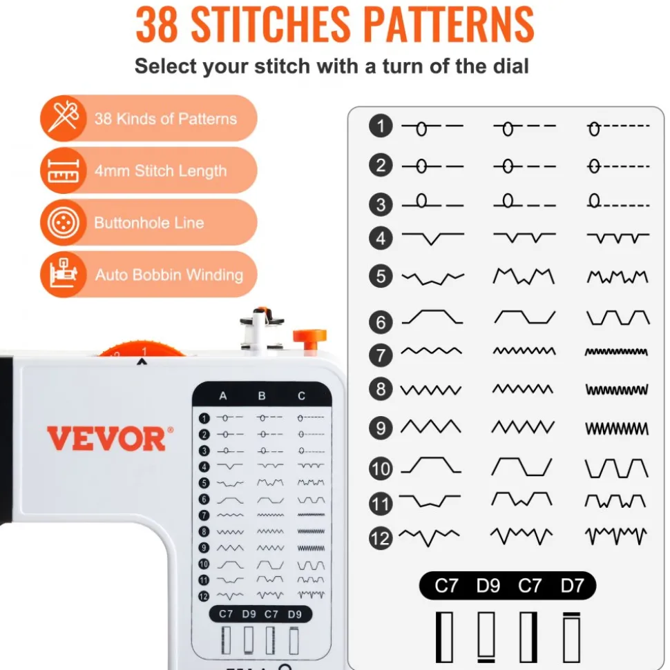 VEVOR Sewing Machine, Portable Sewing Machine for Beginners with 38 Built-in Stitches & Reverse Sewing, Dual Speed Sewing Machine with Extension Table Foot Pedal, Accessory Kit Family Home Travel