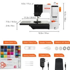 VEVOR Sewing Machine, Portable Sewing Machine for Beginners with 38 Built-in Stitches & Reverse Sewing, Dual Speed Sewing Machine with Extension Table Foot Pedal, Accessory Kit Family Home Travel