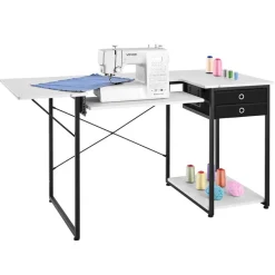 VEVOR Sewing Table, Multipurpose Sewing Machine Table with Drawers, Foldable Side Shelf, Adjustable Shelf, Steel Legs, Computer Desk for Home, Fashion Studio, Art Studio, Educational Institution