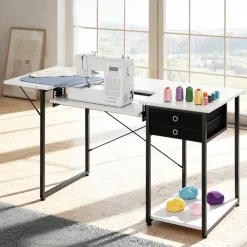 VEVOR Sewing Table, Multipurpose Sewing Machine Table with Drawers, Foldable Side Shelf, Adjustable Shelf, Steel Legs, Computer Desk for Home, Fashion Studio, Art Studio, Educational Institution