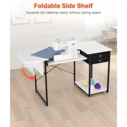 VEVOR Sewing Table, Multipurpose Sewing Machine Table with Drawers, Foldable Side Shelf, Adjustable Shelf, Steel Legs, Computer Desk for Home, Fashion Studio, Art Studio, Educational Institution