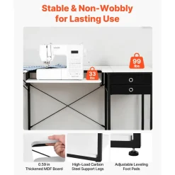 VEVOR Sewing Table, Multipurpose Sewing Machine Table with Drawers, Foldable Side Shelf, Adjustable Shelf, Steel Legs, Computer Desk for Home, Fashion Studio, Art Studio, Educational Institution