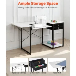 VEVOR Sewing Table, Multipurpose Sewing Machine Table with Drawers, Foldable Side Shelf, Adjustable Shelf, Steel Legs, Computer Desk for Home, Fashion Studio, Art Studio, Educational Institution