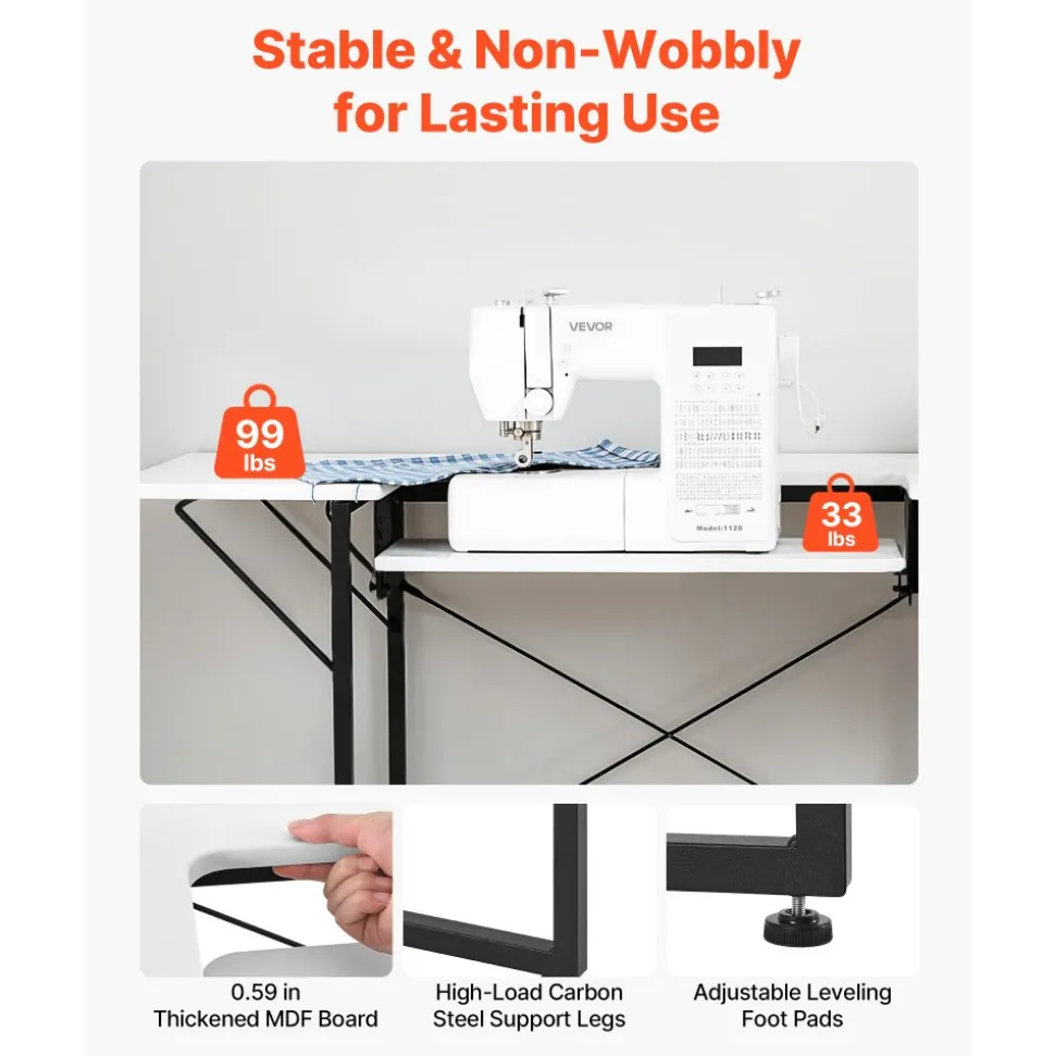 VEVOR Sewing Table, Multipurpose Sewing Machine Table with Foldable Side Shelf, Adjustable Shelf, Steel Legs, Computer Desk for Home, Fashion Studio, Art Studio, Educational Institution, White