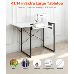 VEVOR Sewing Table, Multipurpose Sewing Machine Table with Foldable Side Shelf, Adjustable Shelf, Steel Legs, Computer Desk for Home, Fashion Studio, Art Studio, Educational Institution, White