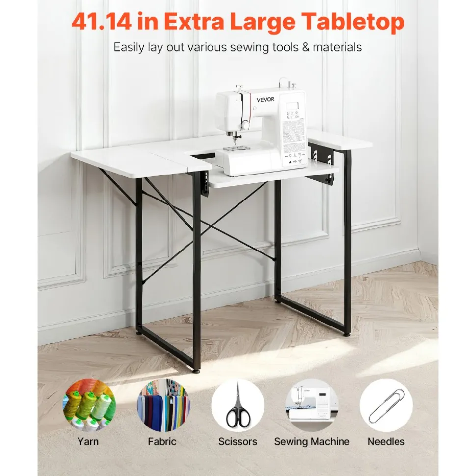 VEVOR Sewing Table, Multipurpose Sewing Machine Table with Foldable Side Shelf, Adjustable Shelf, Steel Legs, Computer Desk for Home, Fashion Studio, Art Studio, Educational Institution, White