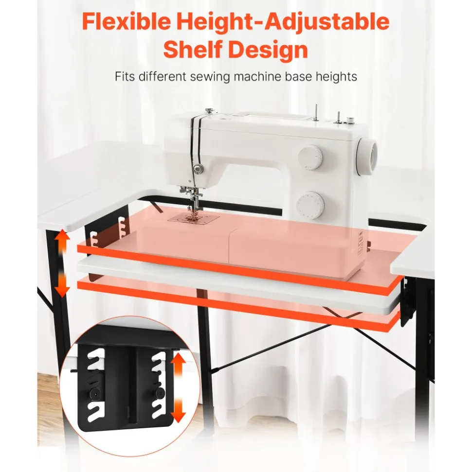VEVOR Sewing Table, Multipurpose Sewing Machine Table with Foldable Side Shelf, Adjustable Shelf, Steel Legs, Computer Desk for Home, Fashion Studio, Art Studio, Educational Institution, White
