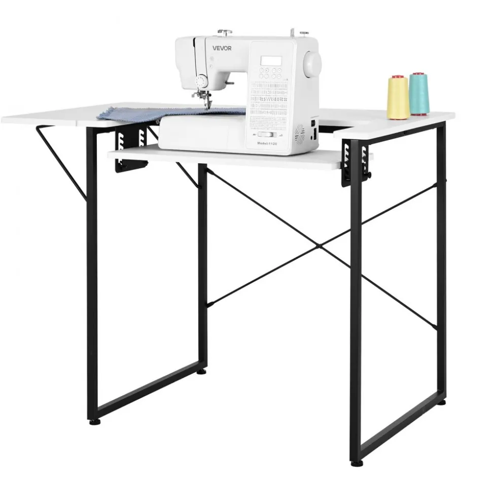 VEVOR Sewing Table, Multipurpose Sewing Machine Table with Foldable Side Shelf, Adjustable Shelf, Steel Legs, Computer Desk for Home, Fashion Studio, Art Studio, Educational Institution, White