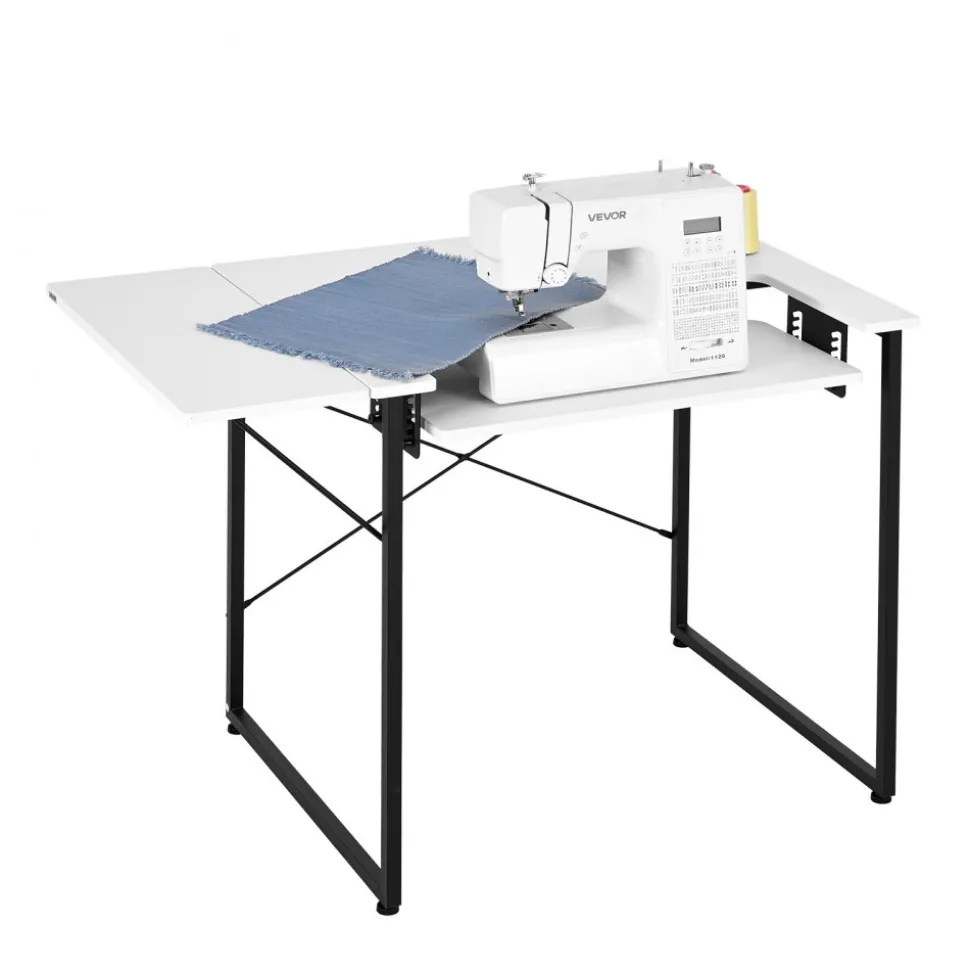 VEVOR Sewing Table, Multipurpose Sewing Machine Table with Foldable Side Shelf, Adjustable Shelf, Steel Legs, Computer Desk for Home, Fashion Studio, Art Studio, Educational Institution, White