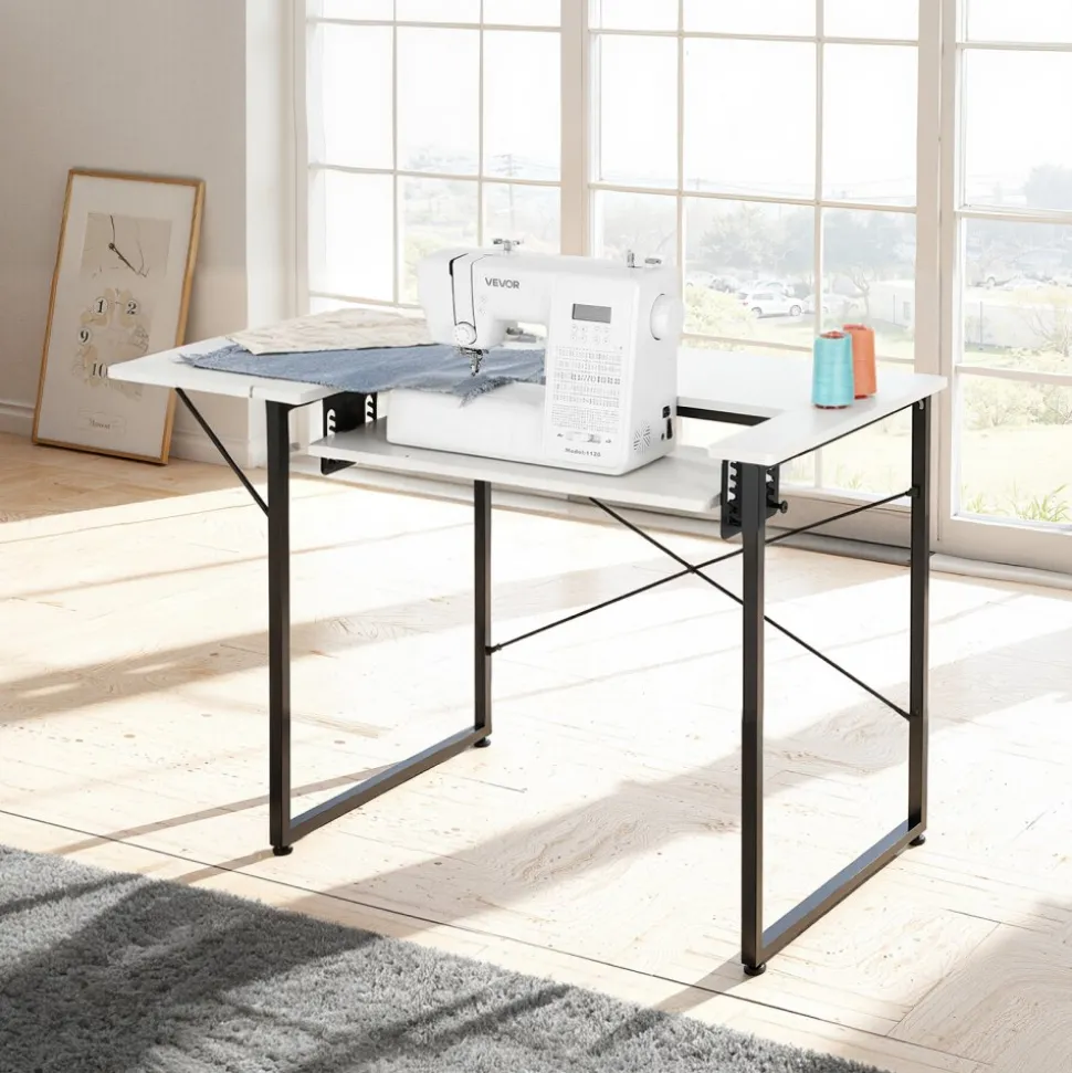 VEVOR Sewing Table, Multipurpose Sewing Machine Table with Foldable Side Shelf, Adjustable Shelf, Steel Legs, Computer Desk for Home, Fashion Studio, Art Studio, Educational Institution, White
