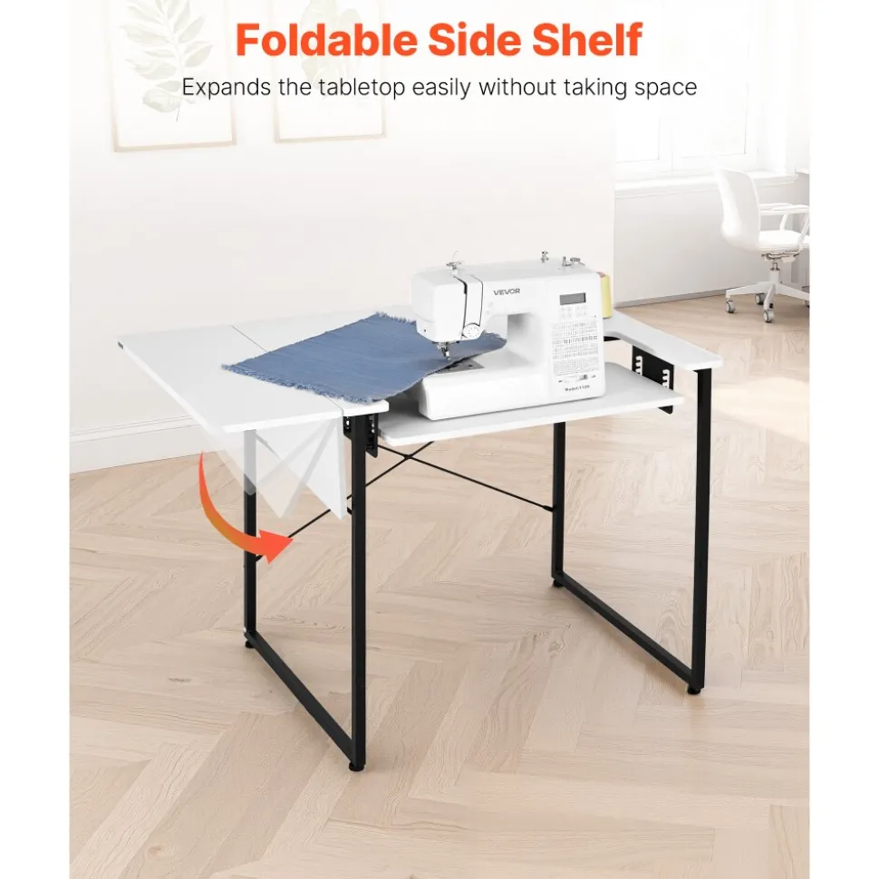 VEVOR Sewing Table, Multipurpose Sewing Machine Table with Foldable Side Shelf, Adjustable Shelf, Steel Legs, Computer Desk for Home, Fashion Studio, Art Studio, Educational Institution, White