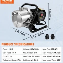 VEVOR Shallow Well Pump, 1.1 HP 115V, 978 GPH 131 ft Height, 40psi Max Pressure, Portable Stainless Steel Sprinkler Booster Jet Pumps for Garden Lawn Irrigation system, Lake Fountain, Water Transfer