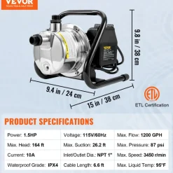VEVOR Shallow Well Pump, 1.5 HP 115V, 1200 GPH 164 ft Height, 87 psi Max Pressure, Portable Stainless Steel Sprinkler Booster Jet Pumps for Garden Lawn Irrigation system, Lake Fountain, Water Transfer