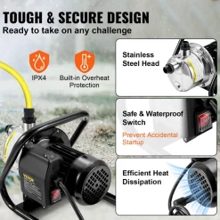 VEVOR Shallow Well Pump, 1.5 HP 115V, 1200 GPH 164 ft Height, 87 psi Max Pressure, Portable Stainless Steel Sprinkler Booster Jet Pumps for Garden Lawn Irrigation system, Lake Fountain, Water Transfer