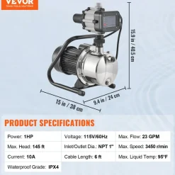 VEVOR Shallow Well Pump, 1HP 115V, 1200 GPH 145 ft Head, Portable Stainless Steel Sprinkler Booster Jet Pumps with Automatic Controller for Garden Lawn Irrigation system, Water Transfer