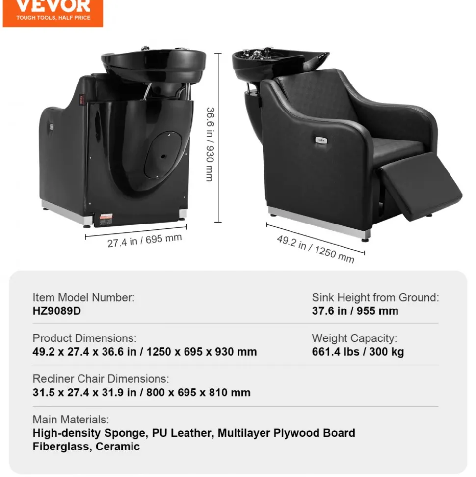 VEVOR Shampoo Backwash Chair, 661.4LBS Loading Barbershop Hair Washing Station with Electric Adjustable Footrest & Ceramic Bowl, Backwash Salon Shampoo Chair, Beauty Spa Hairdressing Massage Equipment