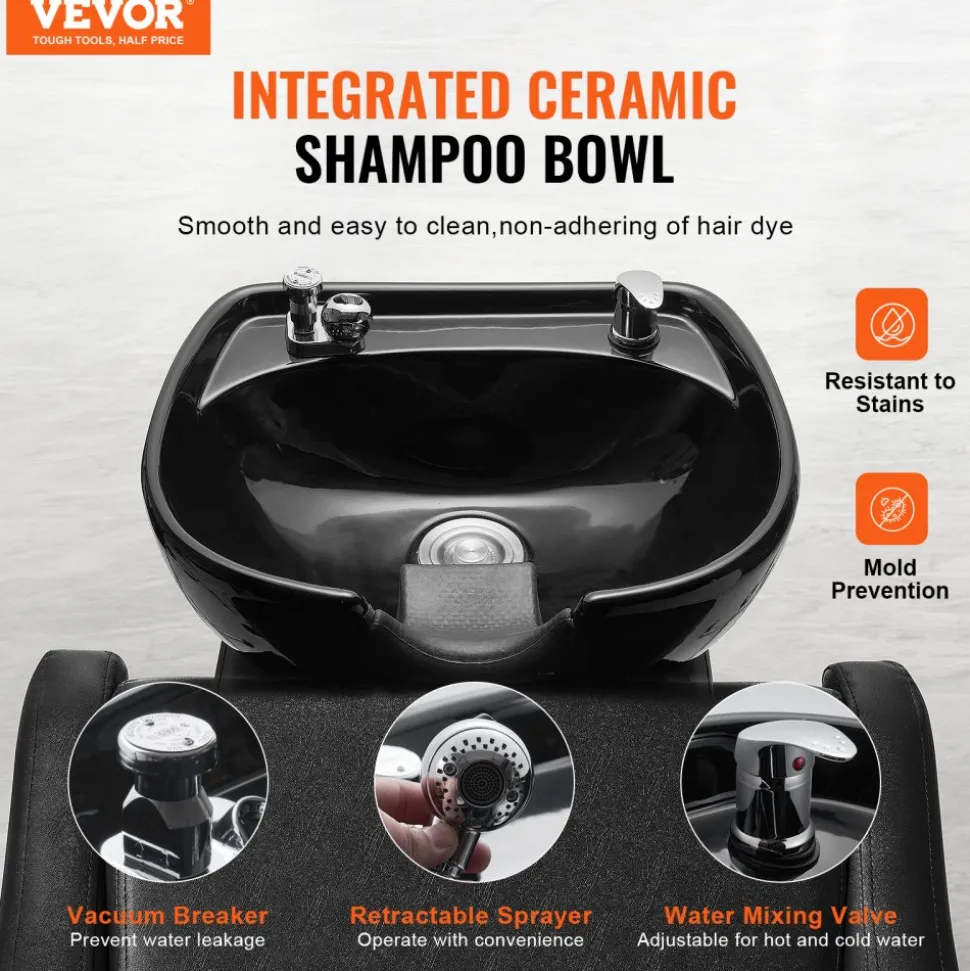 VEVOR Shampoo Backwash Chair, 661.4LBS Loading Salon & Spa Hair Washing Station, Backwash Barber Shampoo Bowl and Chair, Beauty Spa Massage Hairdressing Equipment with Wide Footrest and Ceramic Bowl