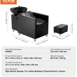 VEVOR Shampoo Backwash Chair, 661.4LBS Loading Salon & Spa Hair Washing Station, Backwash Barber Shampoo Bowl and Chair, Beauty Spa Massage Hairdressing Equipment with Wide Footrest and Ceramic Bowl