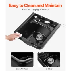 VEVOR Shampoo Bowl, ABS Plastic Shampoo Sink for Salons and Home, Easy to Clean and Install Salon Shampoo Bowls for Hair Stylists, Shampoo Sink for Spa Center, Barbershop and Beauty Salon Use, Black