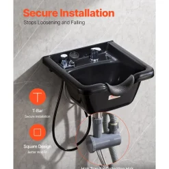 VEVOR Shampoo Bowl, ABS Plastic Shampoo Sink for Salons and Home, Easy to Clean and Install Salon Shampoo Bowls for Hair Stylists, Shampoo Sink for Spa Center, Barbershop and Beauty Salon Use, Black