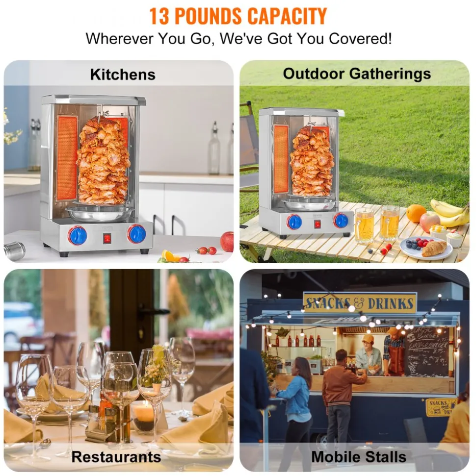 VEVOR Shawarma Grill Machine, 13 lbs Capacity, Chicken Shawarma Cooker Machine with 2 Burners, Gas Vertical Broiler Gyro Rotisserie Oven Doner Kebab Machine, for Home Restaurant Kitchen Parties