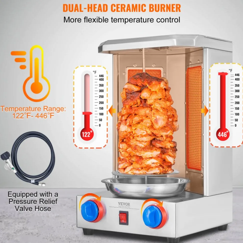 VEVOR Shawarma Grill Machine, 13 lbs Capacity, Chicken Shawarma Cooker Machine with 2 Burners, Gas Vertical Broiler Gyro Rotisserie Oven Doner Kebab Machine, for Home Restaurant Kitchen Parties