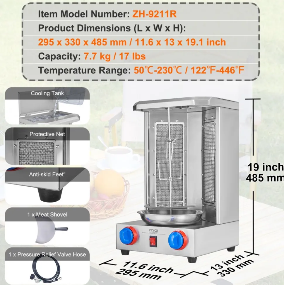 VEVOR Shawarma Grill Machine, 13 lbs Capacity, Chicken Shawarma Cooker Machine with 2 Burners, Gas Vertical Broiler Gyro Rotisserie Oven Doner Kebab Machine, for Home Restaurant Kitchen Parties