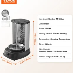VEVOR Shawarma Grill Machine, Vertical Chicken Shawarma Cooker Machine Countertop, Electric Stainless Steel Broiler Gyro Rotisserie Oven Doner Kebab Machine, for Home Restaurant Kitchen Parties