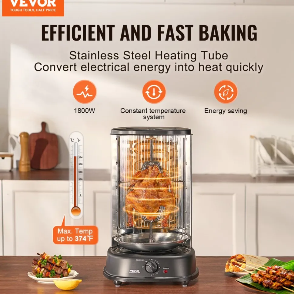 VEVOR Shawarma Grill Machine, Vertical Chicken Shawarma Cooker Machine Countertop, Electric Stainless Steel Broiler Gyro Rotisserie Oven Doner Kebab Machine, for Home Restaurant Kitchen Parties