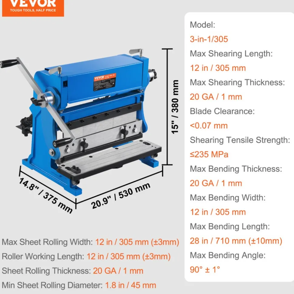 VEVOR Sheet Metal Brake, 12-inch, 3-In-1 Combination Shear Brake Roll Machine, 20-Gauge Capacity Shear Press Brake with 90° Max Bending Angle, Shears and Slip Roll Machine for Shear Bending Rolling